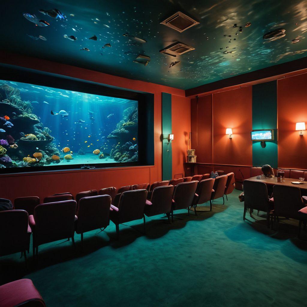 A captivating underwater scene depicting a hidden underground cinema, adorned with flickering light from vintage projectors and colorful indie film posters. A diverse group of film enthusiasts, engrossed in viewing a classic film on an oversized screen illuminated by bioluminescent sea creatures, showcasing a blend of excitement and community. The deep ocean background contrasts with vibrant colors of the films and characters. surrealism. vibrant colors. cinematic lighting.